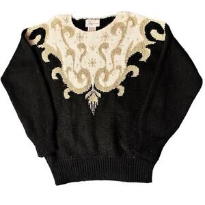 Jocelyn Smith Vtg. Beaded Gold Ivory Black Holiday Fancy Sweater Sz. M Y2K
